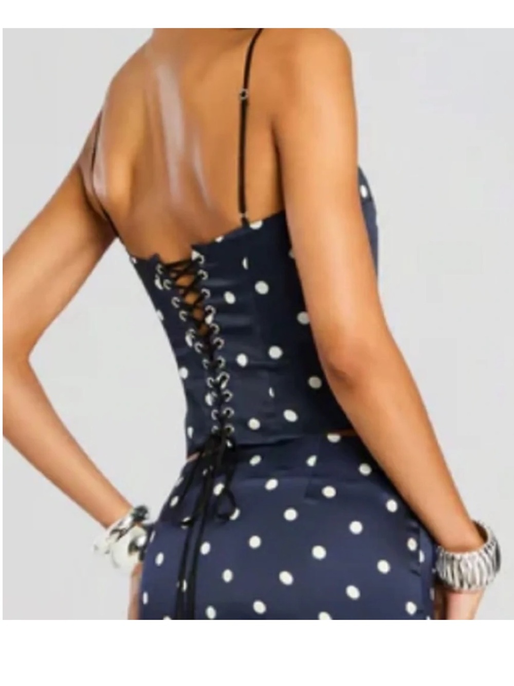 Retrofete Navy & White Polka Dot brookelynn Corset top Maxi Set Darla skirt - Picture 5 of 16
